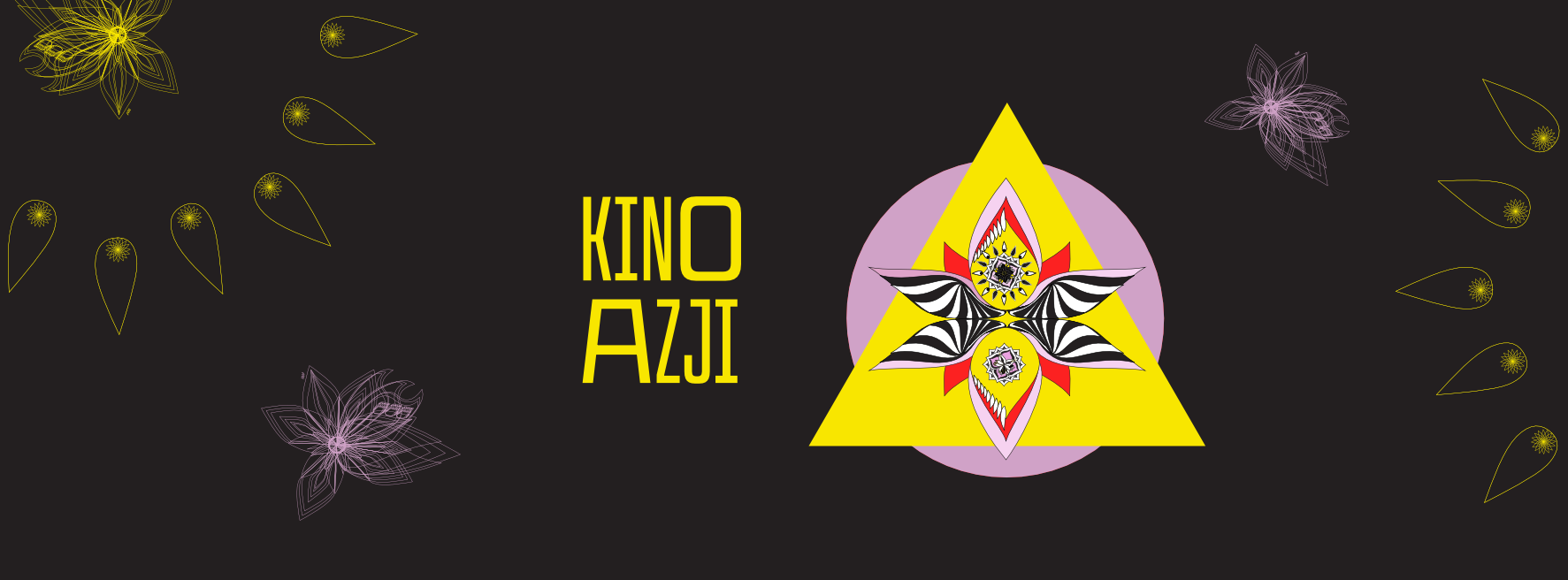 Plakat przedstawiający żółty trójkąt w różowym okręgu z azjatyckim znakiem po lewo napis: Kino Azj